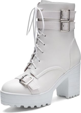 Generic Womens Platform Round Toe Combat Boots PU Leather Multiple Metal Buckles Lace Up Side Zipper Non Slip Wear Resistant Chunky Sole Comfortable Stylish G