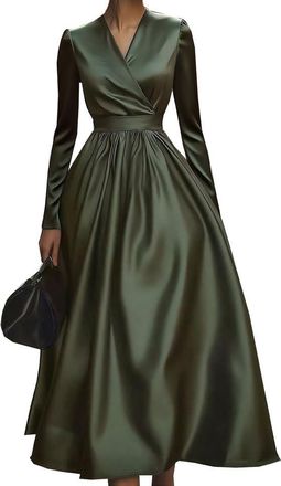 Generic Black,L,Womens PU Leather Sexy Casual Long Sleeve V-Neck Long Skinny Dress Maxi DS Nightclub Stage Costume