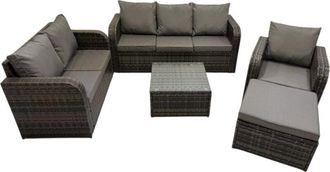 Fimous 3 Seater Sofa Reclining Chair Coffee Table Set Rattan Garden Outdoor Furniture Set with Big Stool Dark Grey Mixed - Fimous