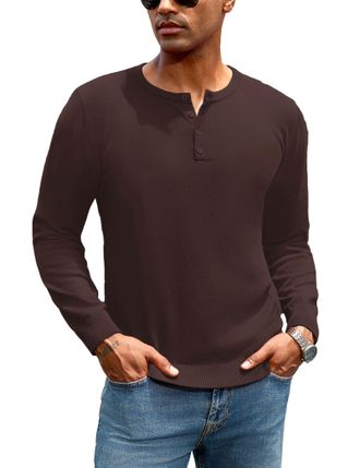 iClosam Mens Henley Jumpers Mens Winter Jumper Mens Ribbed Sweater Men Knitted Jumper Cotton Blend Sweaters Crew Neck Pullover for Holiday Dating,Brown,L