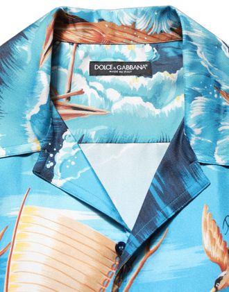 Dolce & Gabbana Mens Blue Silk Twill Hawaiian Graphicprint Shirt