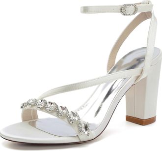 Generic Wedding Bridal Shoes Womens Heels Sandals Open Toe Fashion Chunky Heels Sandals Party Wedding Dress Shoe 8.5Cm,Ivory,10 UK