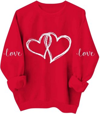 Generic Long Sleeve Valentines Tops for Women Classic Round Neck Solid Color Valentine Sweatshirt Ladies Stylish Love Heart Graphic Print Sweatshirt Spring Li
