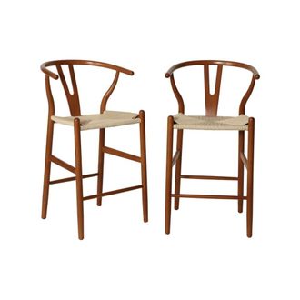 Sweeek Taburete de bar vintage de madera de haya y cuerdas, set de 2, nogal