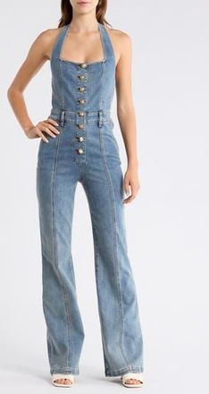 Alice & Olivia Pennie Halter Neck Bustier Denim Jumpsuit in Albertine Blue at Nordstrom Rack, Size 32