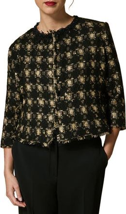 Marina Rinaldi Certo Check Bracelet Sleeve Lam&eacute; Jacket in Black at Nordstrom, Size 16W