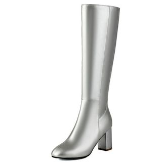 Generic Womens Knee High Boots Leather Block Heel Side Zip Versatile All Day Comfort Casual Winter Footwear,Silver,6.5 UK