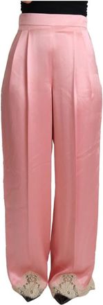 Dolce & Gabbana Zijden satijnen broek met wijde pijpen en kanten rand - Dames - Wijde Broeken - Roze - XS - Satijn - Broeken