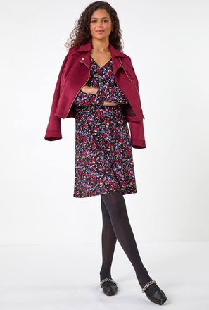 Roman Floral Print Lace Trim Stretch Dress