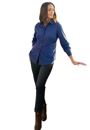 Jessica London Stretch Cotton Poplin Button Down Shirt in Sapphire Black Feeder Stripe at Nordstrom, Size 28