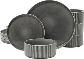 Gibson Home Solana Coast 12-Piece Reactive Glaze Embossed Stoneware Dinnerware Set in Black at Nordstrom