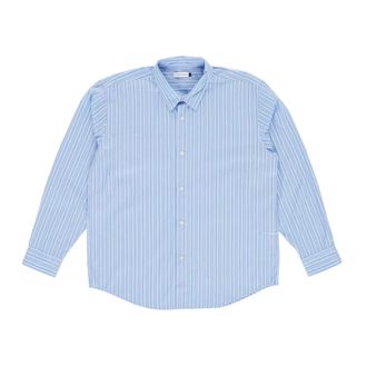 Pop Trading Company Gestreept Logo Shirt Wit Blauw - Heren - Casual Overhemden - Blauw - L - Katoen - Overhemden