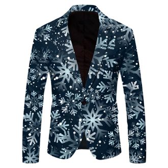 Generic Mens Christmas Suits Cute Cartoon Reindeer Snowflake Color Blovk Printed Blazer Jacket Coats Classic Xmas Holiday Jackets Novelty Party Outfits Christ