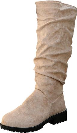 Generic Knee High Boots Women Casual Faux Suede Walking Booties Solid Color Stylish Flat Low Heel Comfortable Pull On Riding Boots Party Shopping