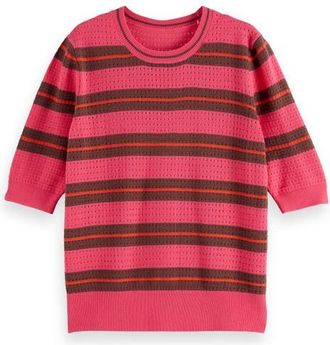 Scotch & Soda Relaxed Pointelle Short Sleeve Sweater in Electric Pink Stripe at Nordstrom, Size Small
