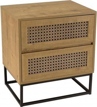 Macabane Mesa de noche con 2 cajones efecto ratán marrón y patas de metal negro