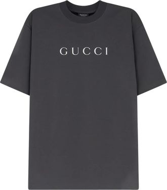 Gucci Tops, Dames, Grijs, M, Katoen, T-shirt met glitterprint en ronde hals