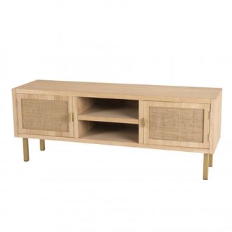 Macabane Mueble TV de 2 estantes y 2 puertas de yute y patas de metal dorado
