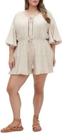 City Chic Harlow Tassel Tie Romper in Oat at Nordstrom Rack, Size Xxl/24W