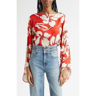 Ramy Brook Amanda Floral Flare Cuff Top in Crimson Floral at Nordstrom, Size Xx-Small