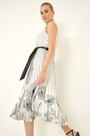 Roman Womens Border Print Pleated Midi Dress - Ivory - Size 14 UK