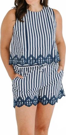 Skies Are Blue Clothing Sleeveless Striped Top With Embroidery Hem In Navy-White