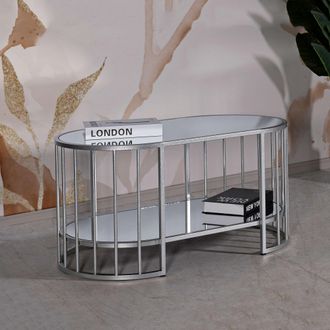 Dmora Mesa De Centro Fafa, Un Compartimento, Forma Ovalada, Tapa Transparente, 90x50x45h Cm, Color Plata