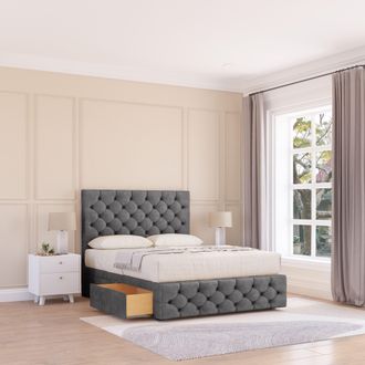 Sloomy Watson Plush Bed Set, 2 Drawers, Mattress & 54 Headboard in Dark Grey | Size: Small Double