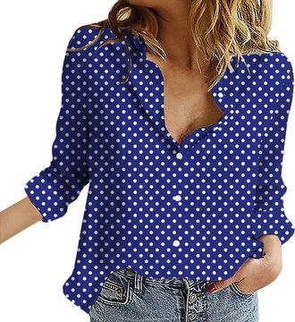 Generic Womens Blouses Button Down V Neck Collared Classic Polka Dot T Shirts Casual Long Sleeve Ladies Tops (Z01-Blue, L)