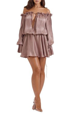 House of CB Chaya Metallic Off the Shoulder Long Sleeve Minidress in Hazel Nut at Nordstrom, Size X-Small