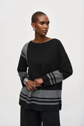 Joseph Ribkoff Oversized Striped Boatneck Top In Black/grey