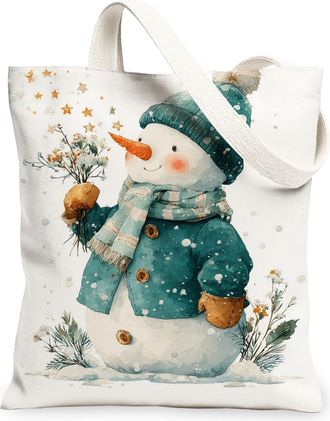 Generic Snow Man Canvas Tote Bags, Cute Winter Pattern Reusable Shopping Bags, Fun Festive Lightweight Washable Canvas for Gym Outdoor Travel Beach 13x15 Inch