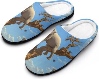 Generic Elephant on A Dead Tree Slippers Men Winter Warm Cotton Anti-Slip Indoor Slip-Ons House Shoes