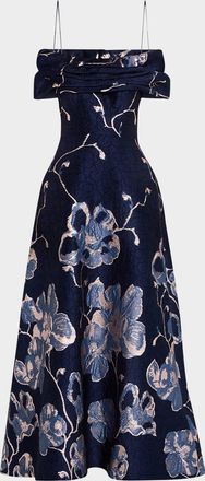 Teri Jon Off-Shoulder Metallic Jacquard Gown