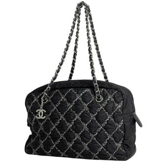 Chanel Black Nylon Leather Shoulder Bag Tote Bag (Pre-Owned)