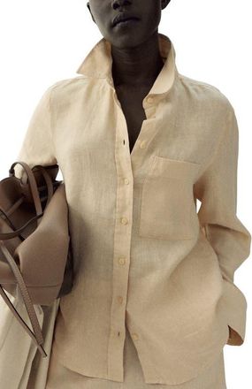 Mango Linen Button-Up Shirt in Pastel Yellow at Nordstrom, Size 2