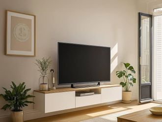 Vente-Unique Wall-Mounted TV Unit With 3 Doors & 1 Open Shelf - White & Natural in Light Oak
