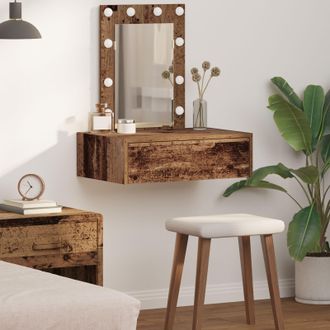 Berkfield Home Wall Hanging Dressing Table with LED Lights Old Wood in Brown