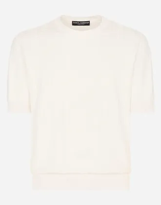 Dolce & Gabbana Silk Jacquard Round-neck Sweater With Dg Logo - Man Sweaters And Cardigans White 46