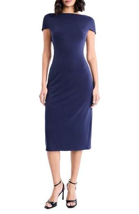 Maggy London Cap Sleeve Midi Sheath Dress in Evening Blue at Nordstrom, Size 16