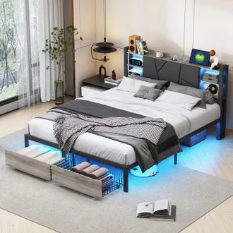 OEM Struttura Letto 140x200 Cm - Letto Matrimoniale 140x200 - Led Rgb Integrata - 2 Cassetti - Presa Usb