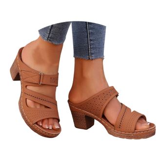 Generic Chunky Sandals Womens Heeled Sandals Open Toe Slip on Block Womens Chunky Mid Heels Ankle Square Heels Sandal Slippers Casual Comfortable Summer Backl