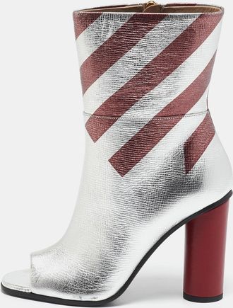 Anya Hindmarch Silver/burgundy Stripe Leather Peep Toe Ankle Boots