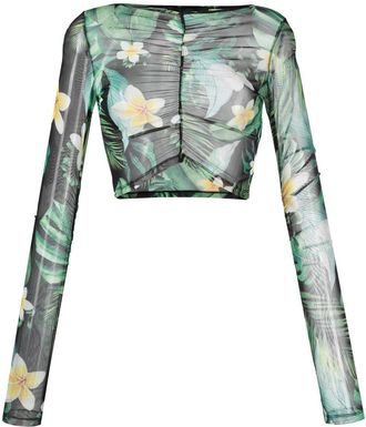 Philipp Plein Hawaii-print cropped top - women - Spandex/Elastane/Cotton - L - Green
