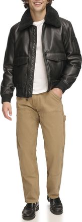 Tommy Hilfiger Mens Faux Leather Bomber Jacket, Black Faux Fur Collar, S