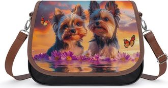 Generic Cute Yorkshire Terrier Dogs Crossbody Bag Womens Handbag PU Message Bags Shoulder Purse with Adjustable Strap