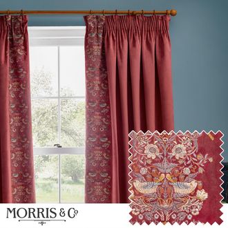 Morris & Co. Strawberry Thief Embroidered Velvet Room Darkening Pencil Pleat Curtain Pair in Red | Size: 168 cm width x 183 cm drop