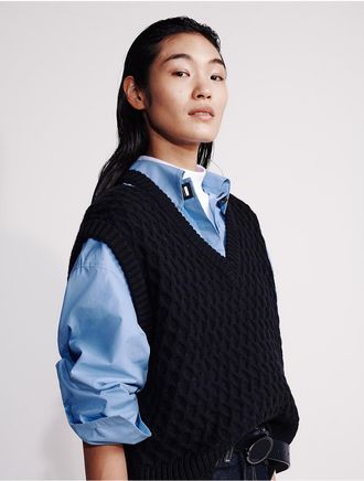 Calvin Klein Womens Merino Wool Cable Knit Relaxed Vest - Black - XS