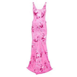Versace Jeans Couture Gowns, female, Pink, Size: S Printed Ruched Maxi Dress