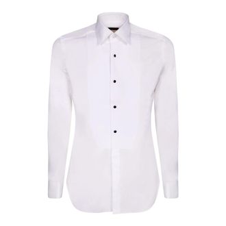 Dell'Oglio Cotton Piquet Shirt - Heren - Zakelijke Overhemden - Wit - M - Katoen - Overhemden
